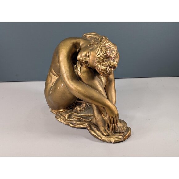 Vintage Chalkware Nude Female Figure, Gold Painted Plaster Semi-Nude Woman - Picture 3 of 10